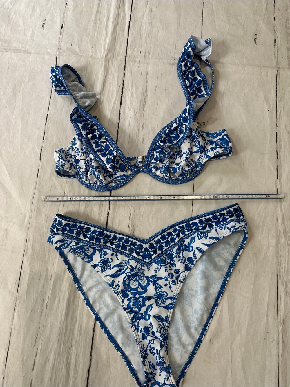 SHEIN Blue and White Floral Ruffle Bikini Set large